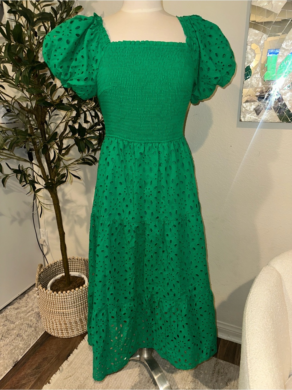 Green Puff-Sleeve Eyelet Midi Dress